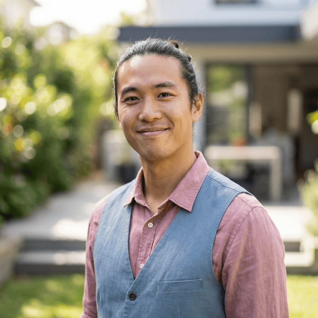 Marcus Chen, property manager, standing on a front porch