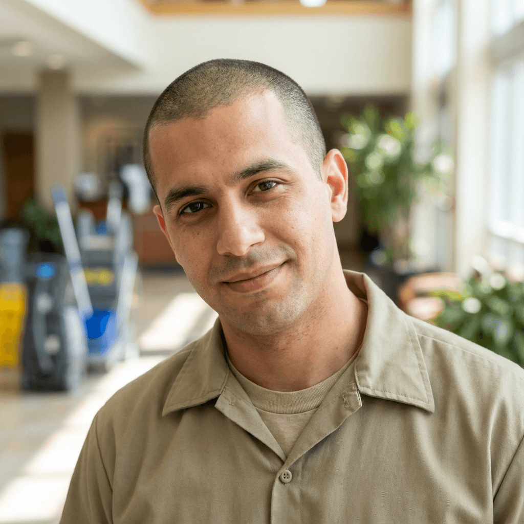 ThriveTide Turnover crew member in work attire with cleaning equipment