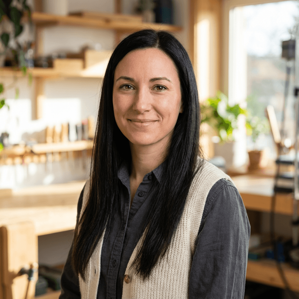 Sierra Severson, founder of ThriveTide Turnover, smiling with cleaning supplies in view