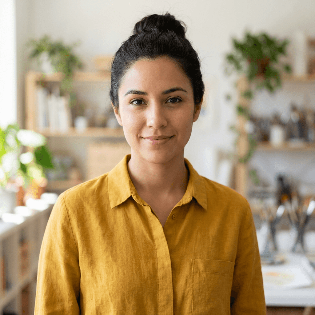 Emily Rodriguez, vacation rental owner, in a modern kitchen