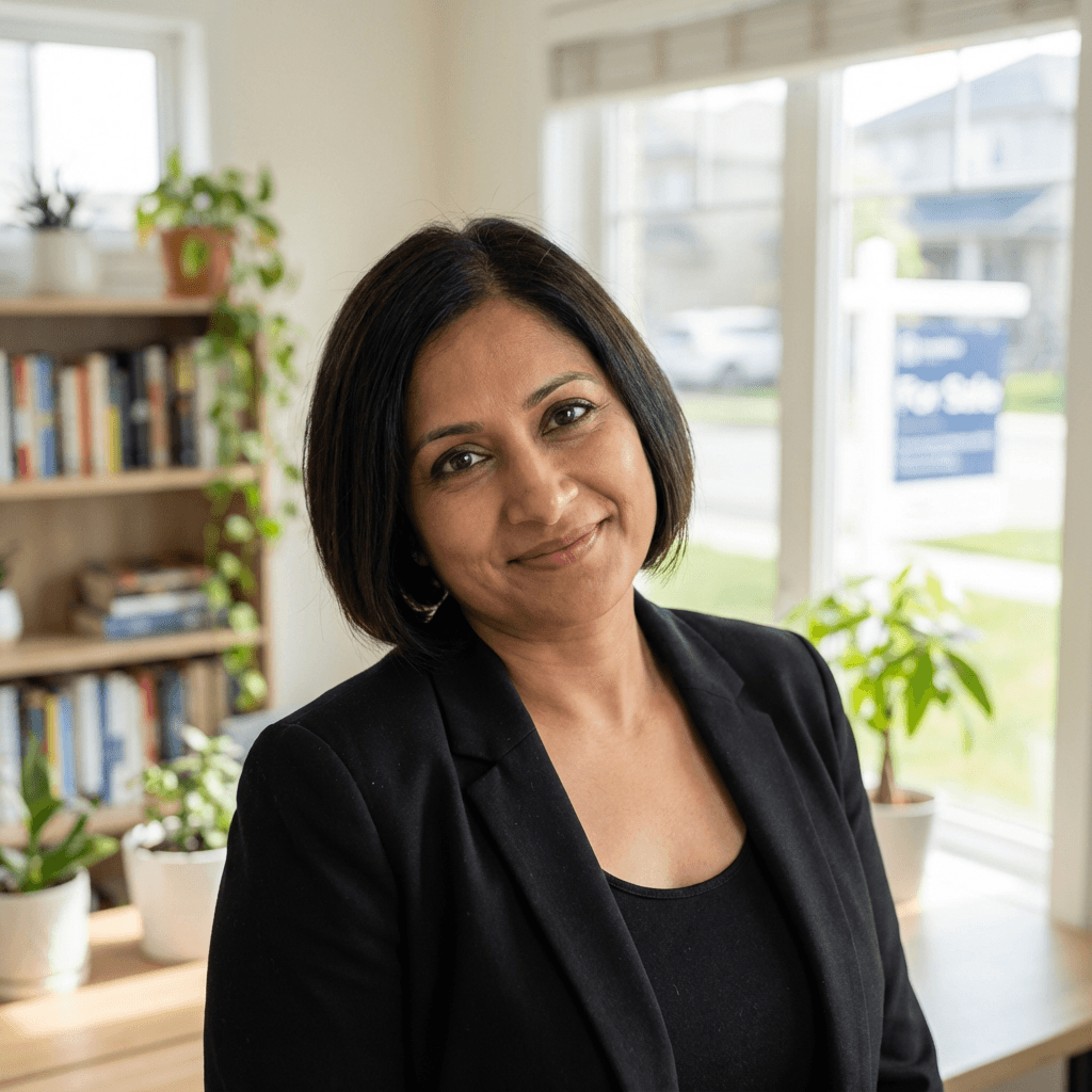 Priya Patel, property management partner, in a bright office