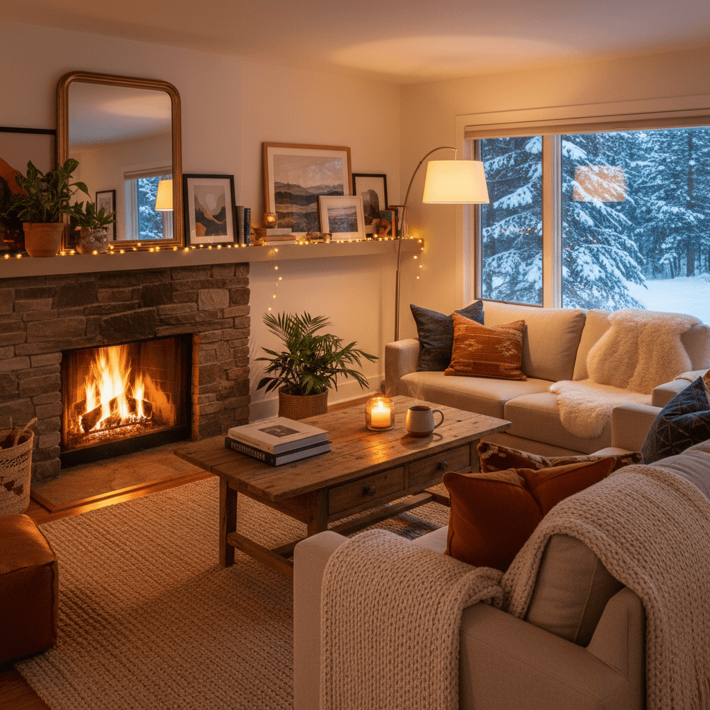 Cozy vacation rental living room with warm lighting and inviting decor