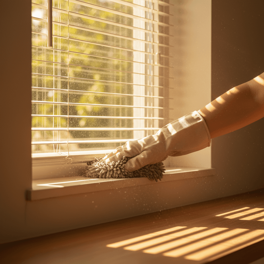 Hand dusting a windowsill and blinds in a sunlit room