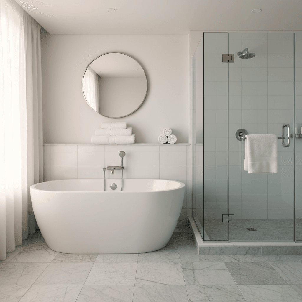 Clean bathroom with white tub and shiny fixtures