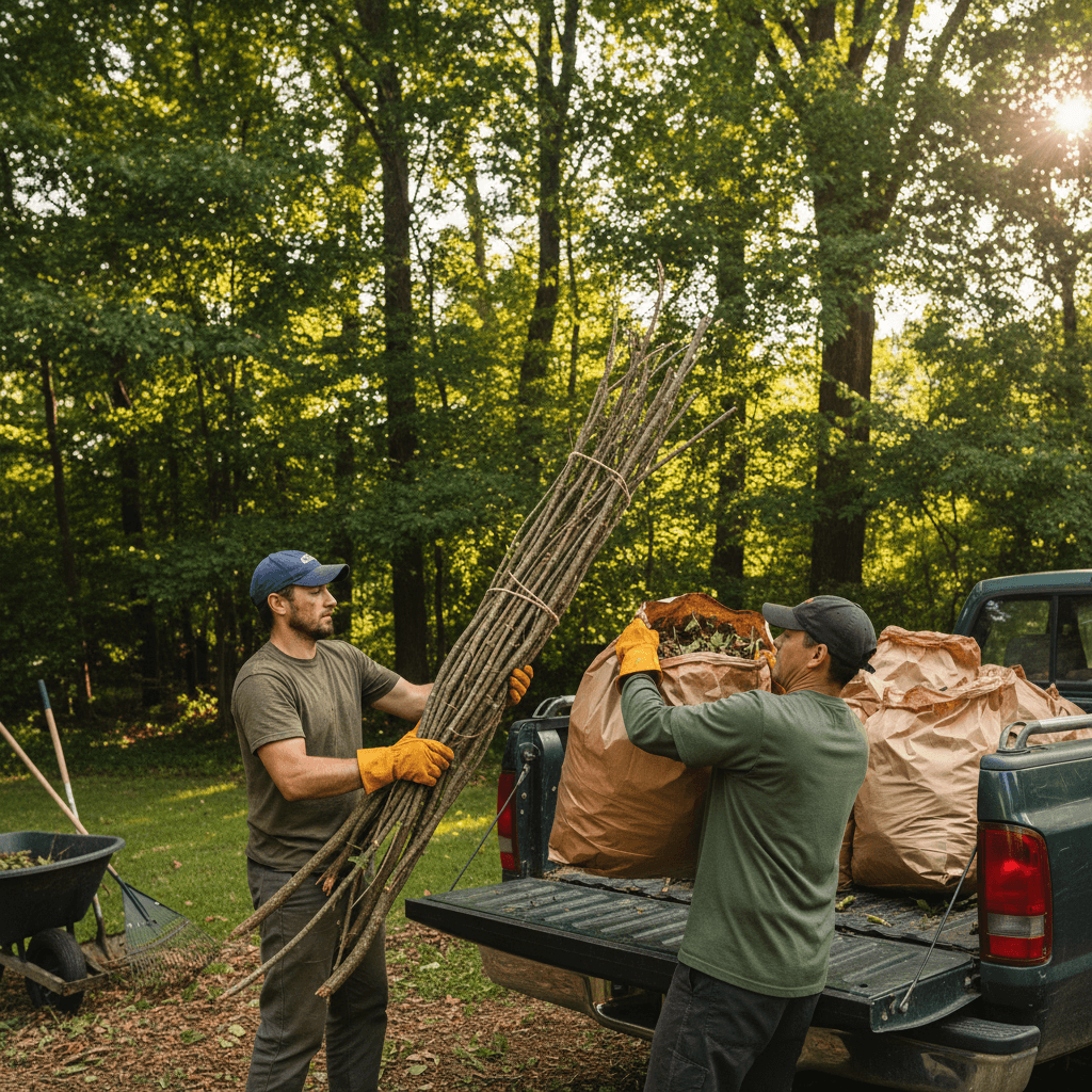 Workers loading branches and yard waste bags into pickup truck