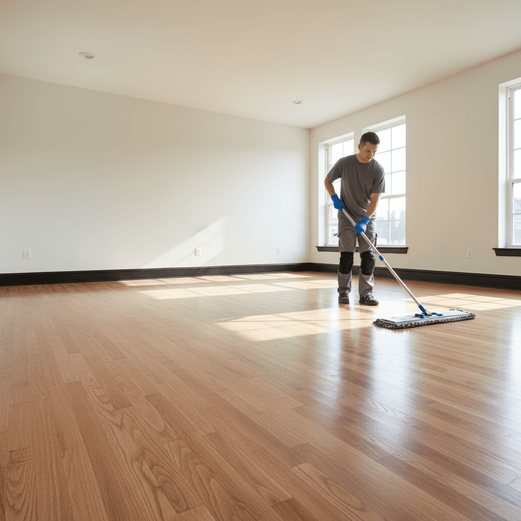 Professional mopping hardwood floors in an empty room