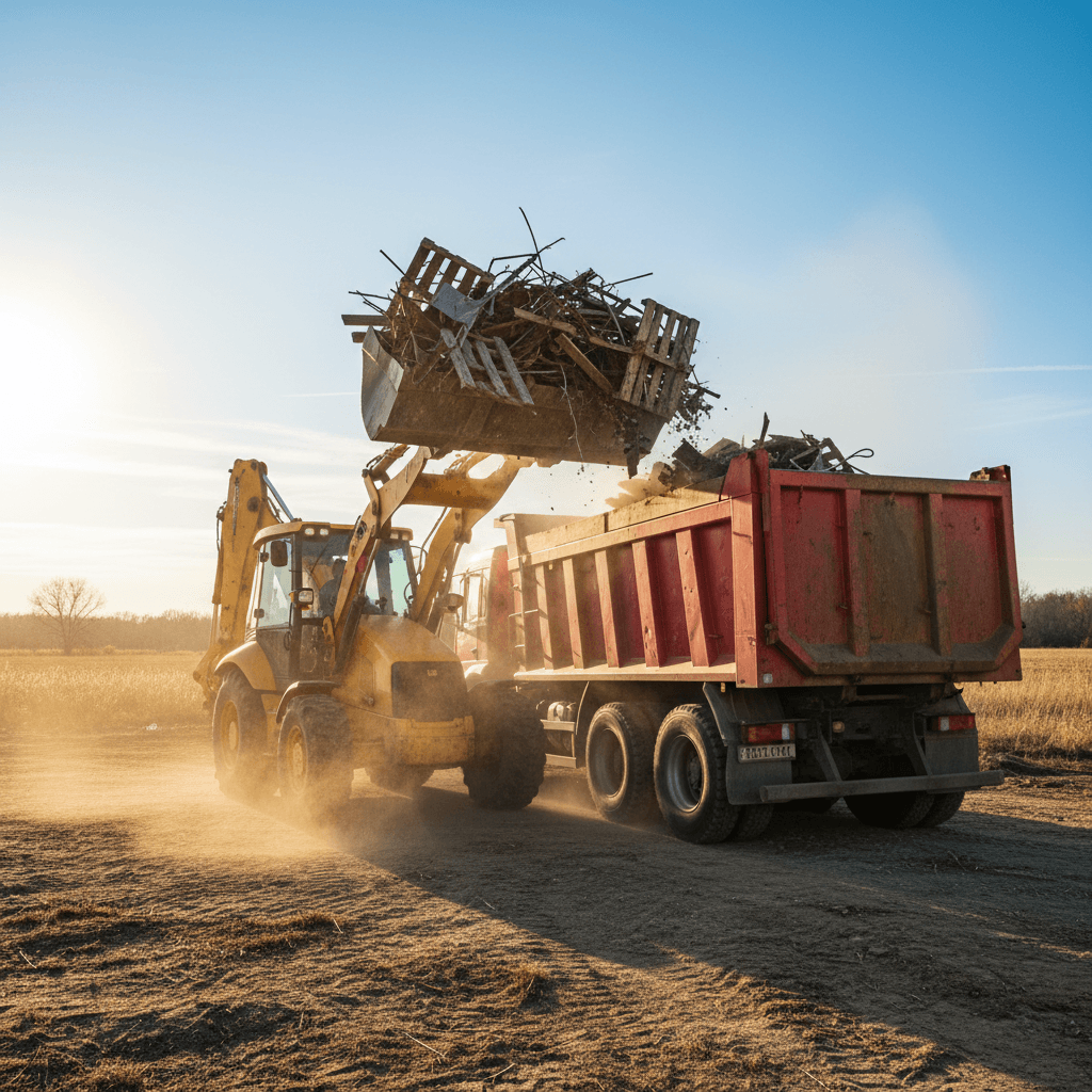 Backhoe loading scrap metal and debris into a dump truck
