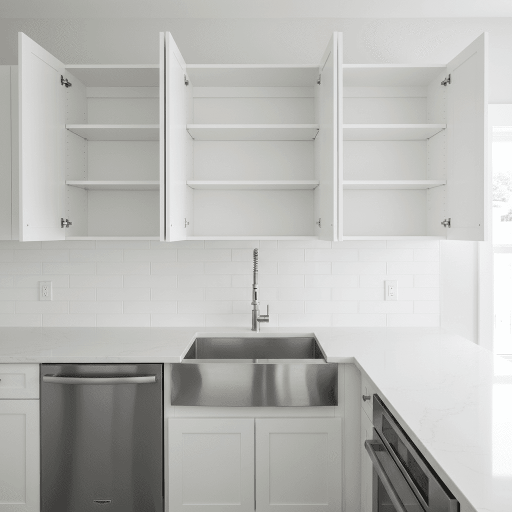 Clean kitchen with open cabinets and polished sink