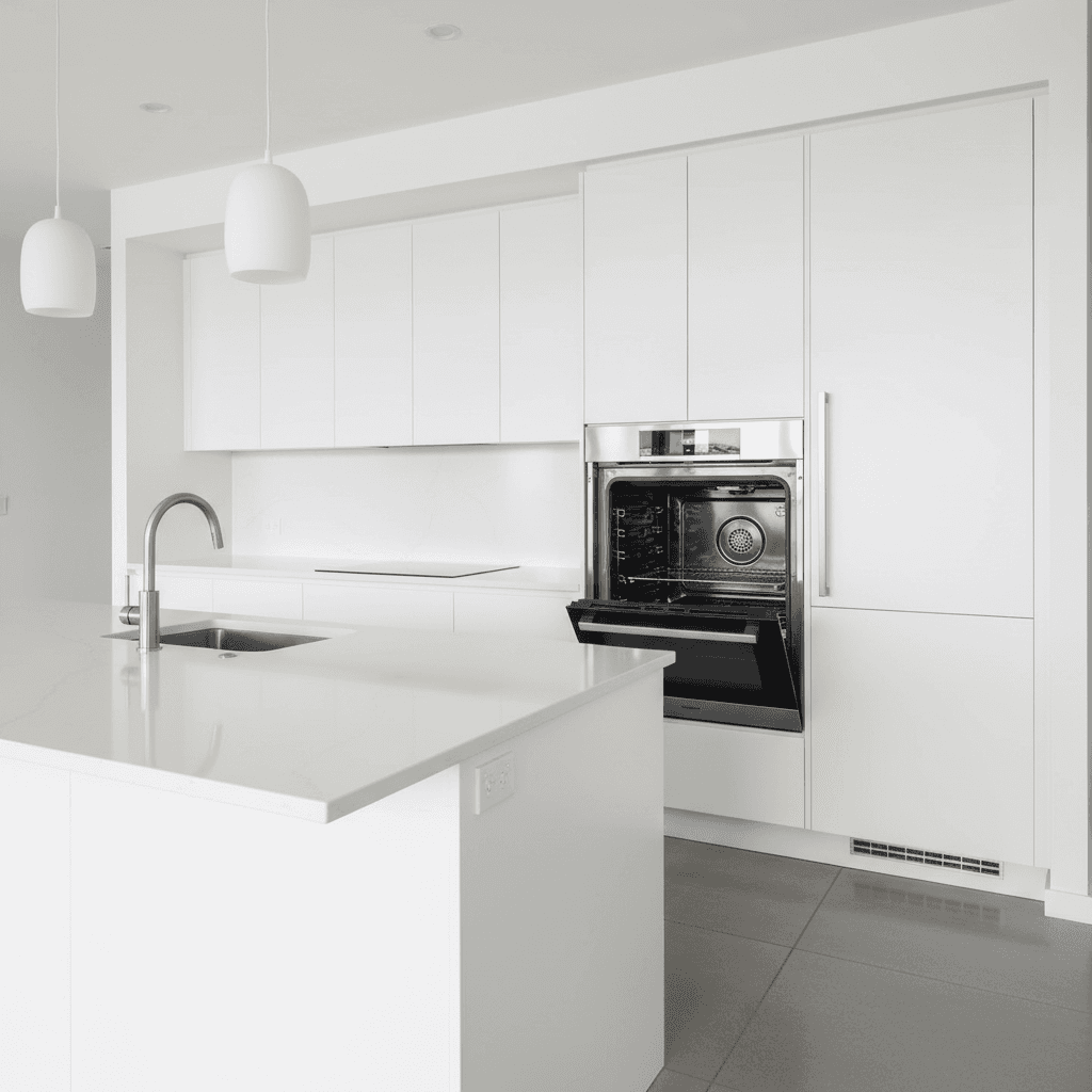 Spotless modern kitchen with gleaming counters and open oven door