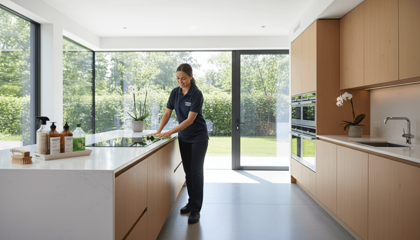 Professional cleaner wiping a kitchen counter in a bright, modern home