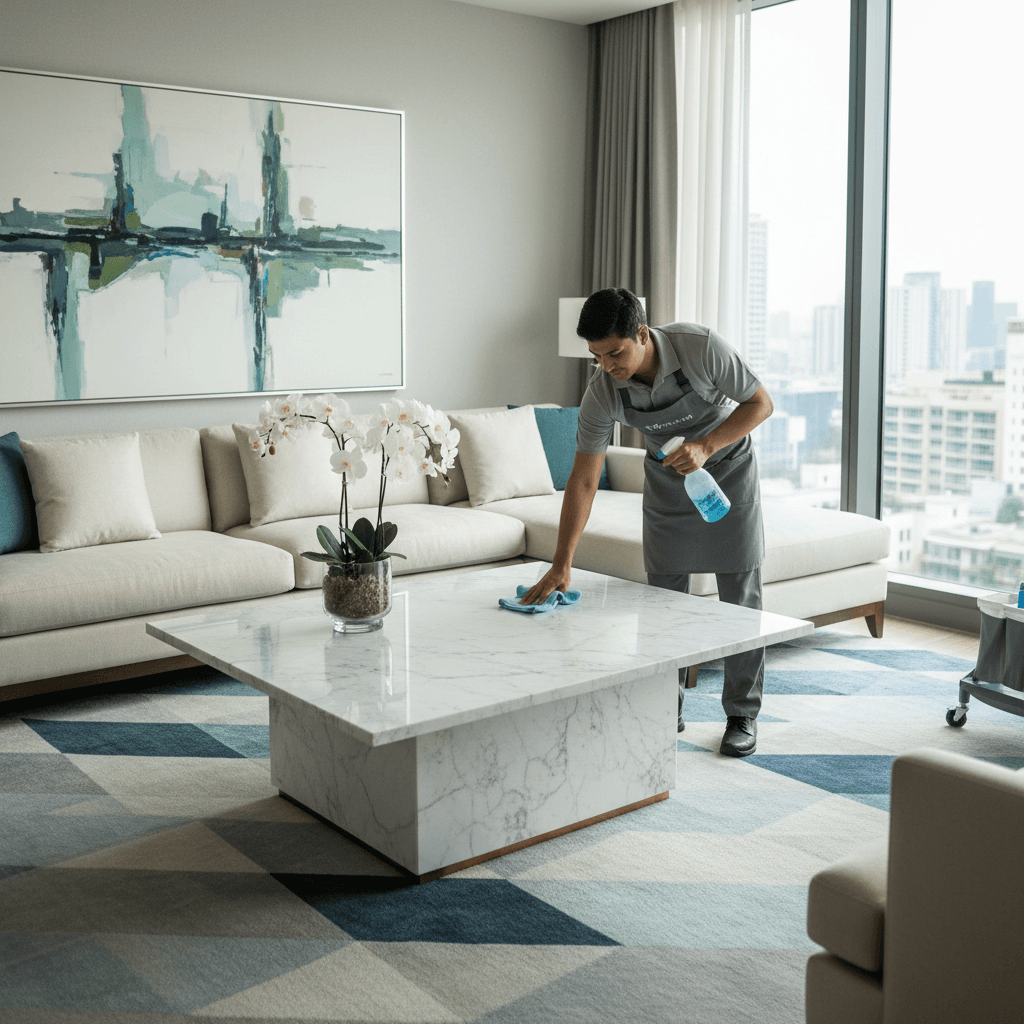 Cleaner wiping down surface with spray bottle in bright modern living room
