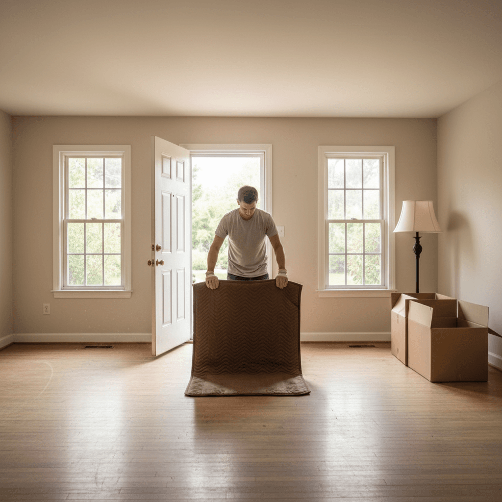 Worker folding a moving blanket in a nearly empty living room