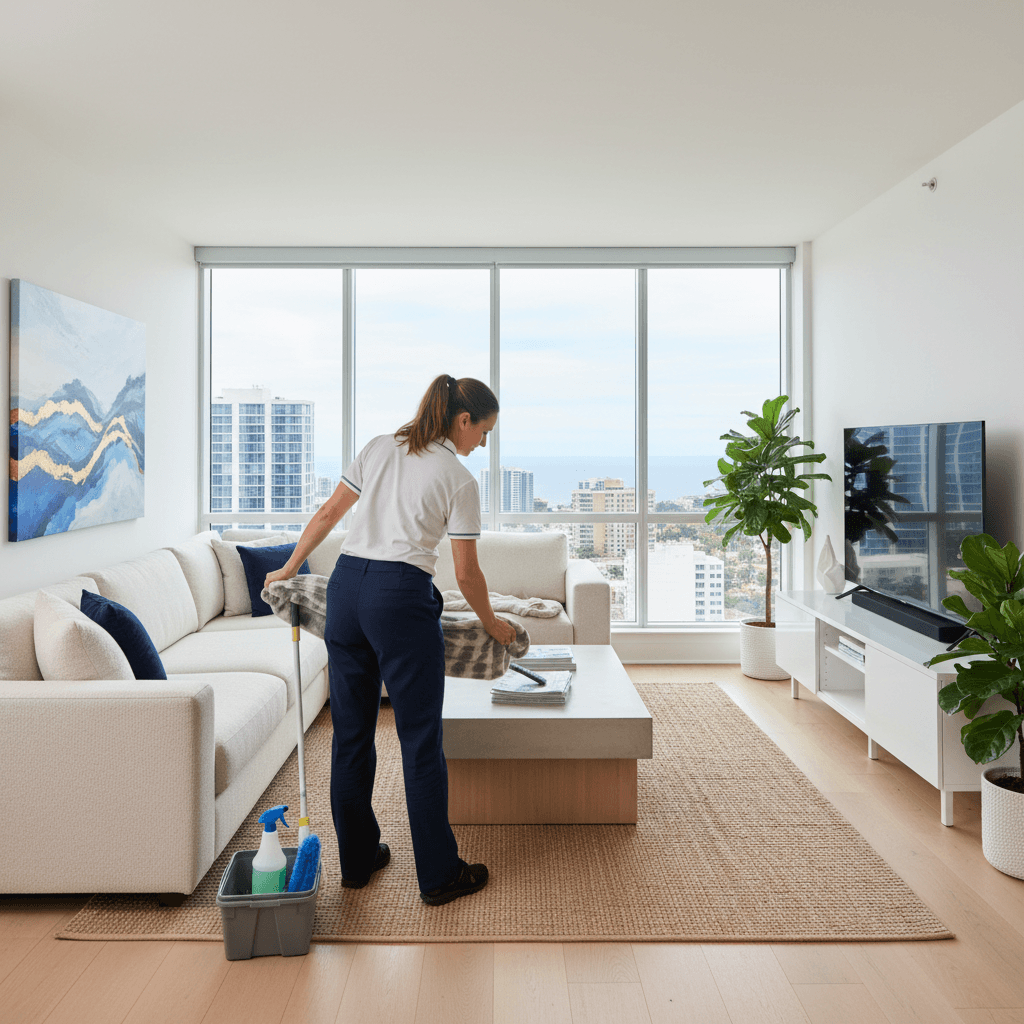 Professional cleaner tidying a modern vacation rental living room