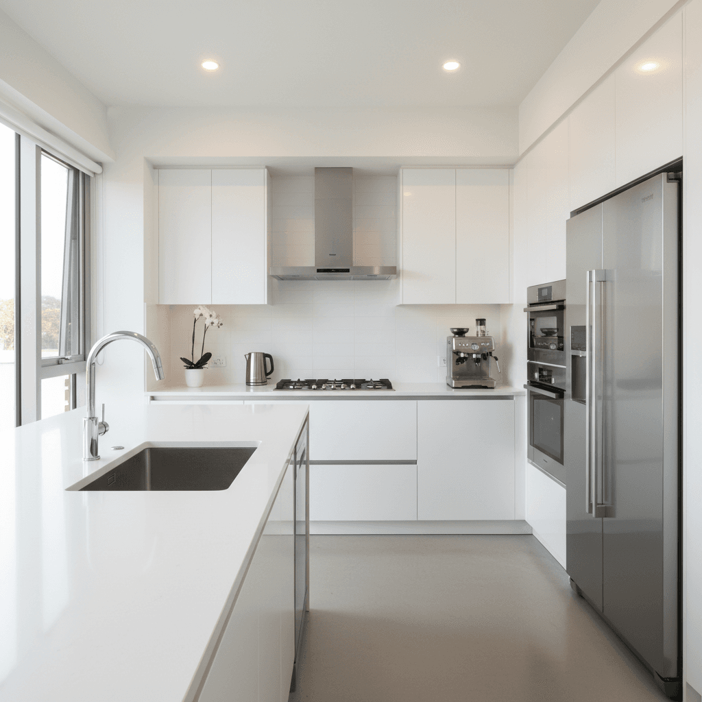 Bright clean kitchen with stainless steel appliances and spotless countertops