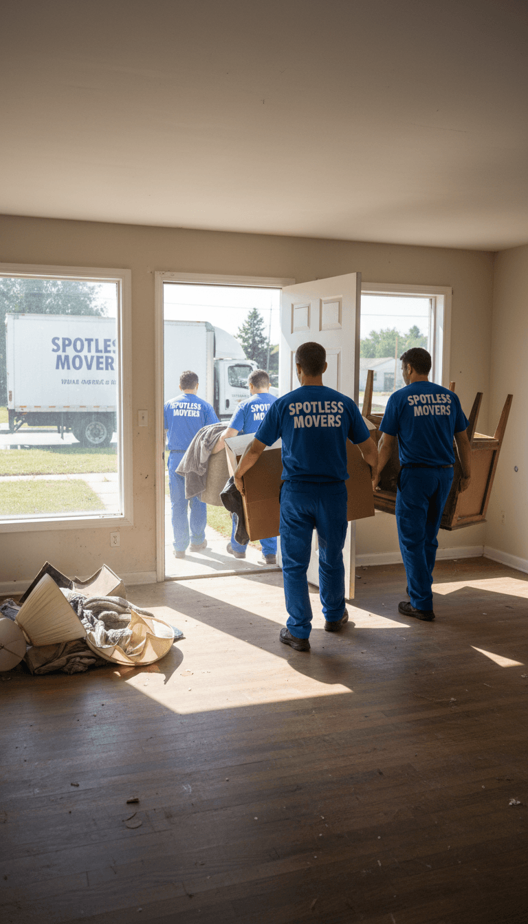 Professional cleaning crew removing old furniture from a rental property