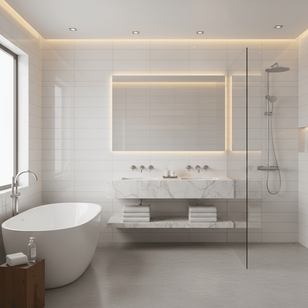 Sparkling clean bathroom with white towels and polished fixtures