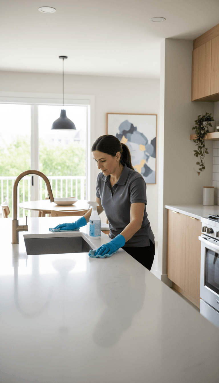 Professional cleaner detailing a bright rental home kitchen