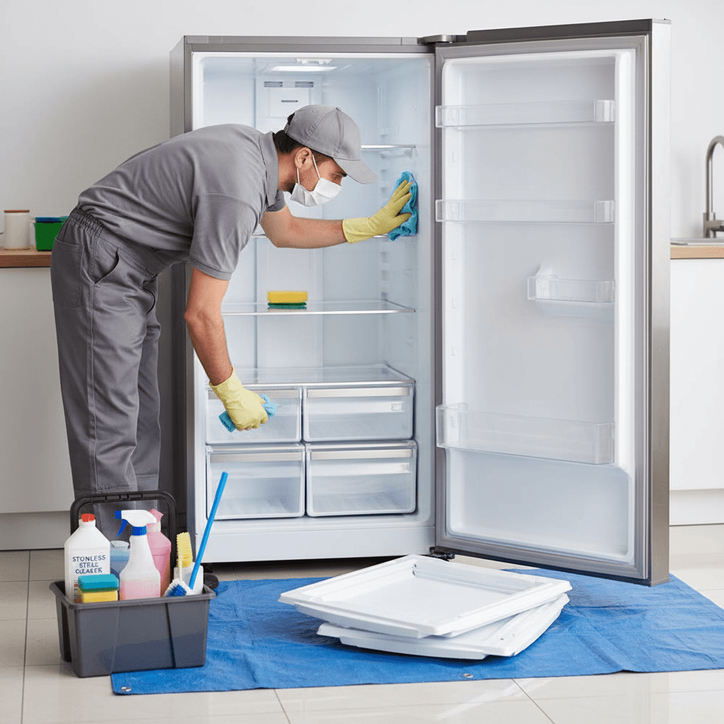 Cleaner wiping inside a stainless steel refrigerator