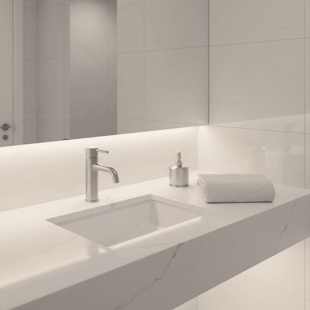 Clean modern bathroom sink and counter with a white towel