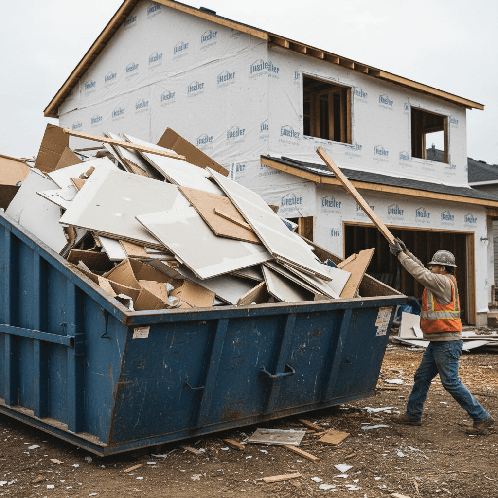 Worker throwing scrap lumber into a dumpster at a construction site