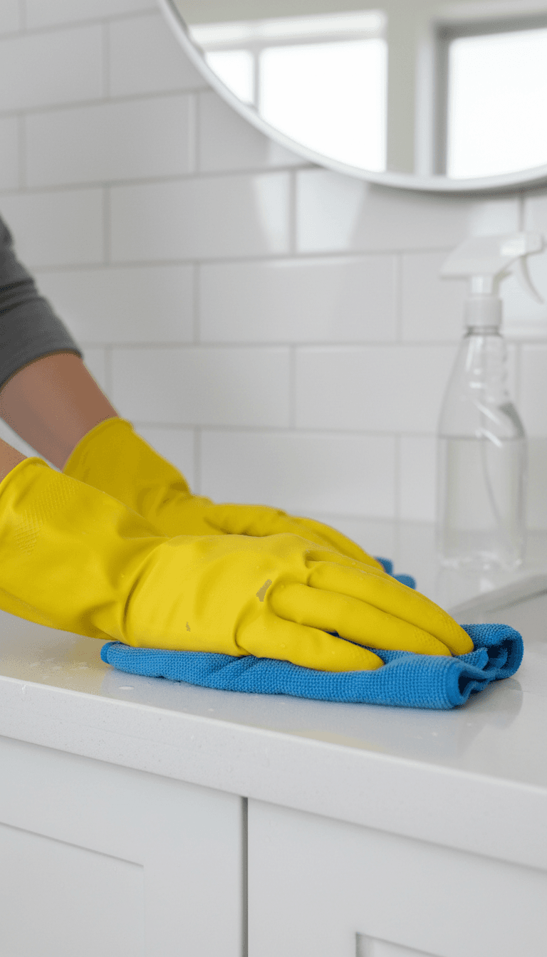 Gloved hands wiping a bathroom counter during a turnover clean