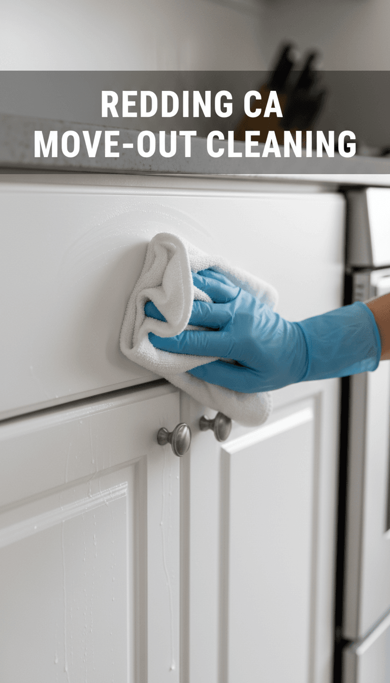 Gloved hand wiping down a kitchen cabinet during a deep clean