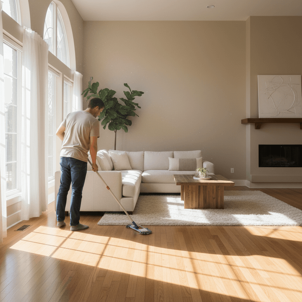 Person mopping hardwood floor in bright living room