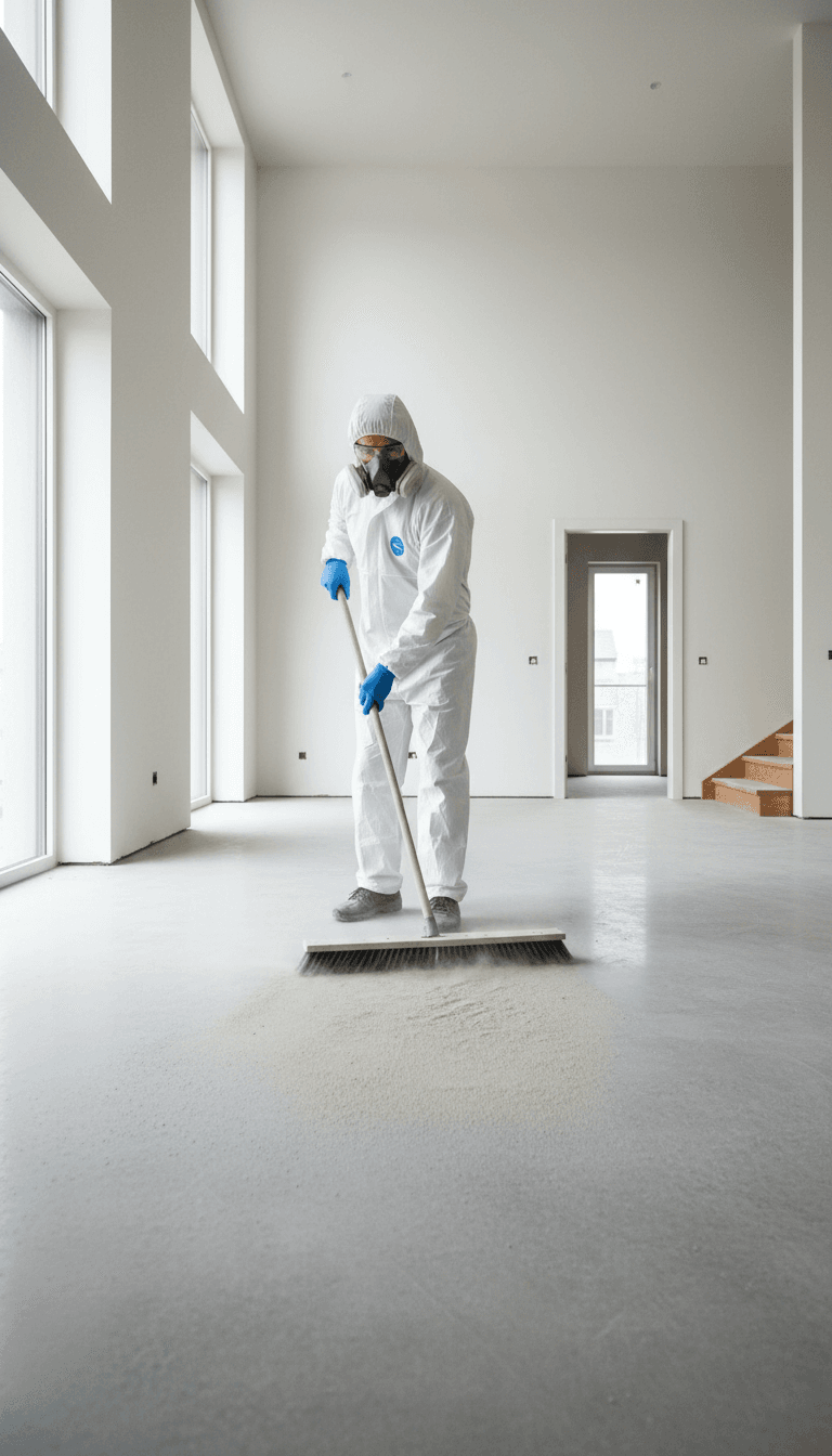 Professional cleaner in protective gear sweeping construction dust in an empty new home interior