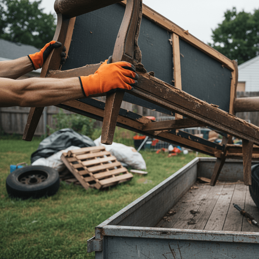 Worker's hands lifting a sofa onto a trailer during a property junk removal job