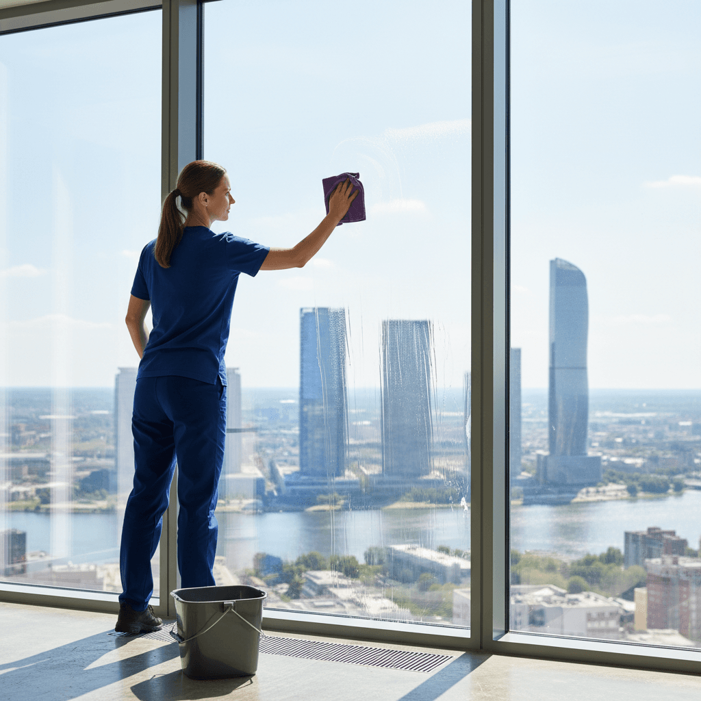 Cleaner wiping a large window with a streak-free cloth