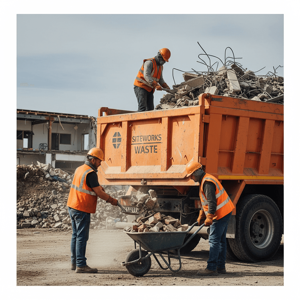 Workers hauling construction debris into a truck
