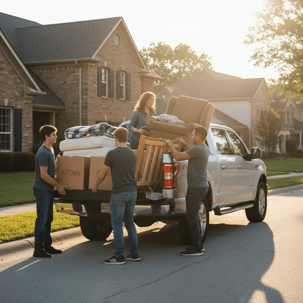 Furniture and boxes being loaded into the bed of a pickup truck