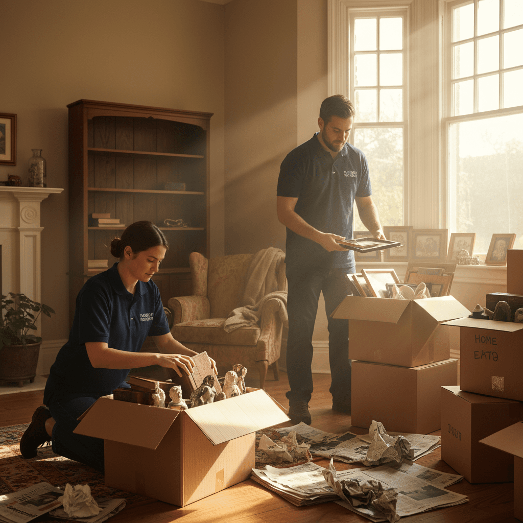 Two people packing household items into boxes in a living room