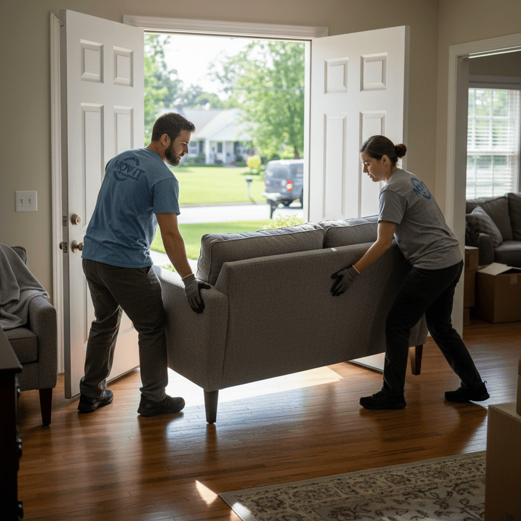 Two movers carrying a sofa out of a house