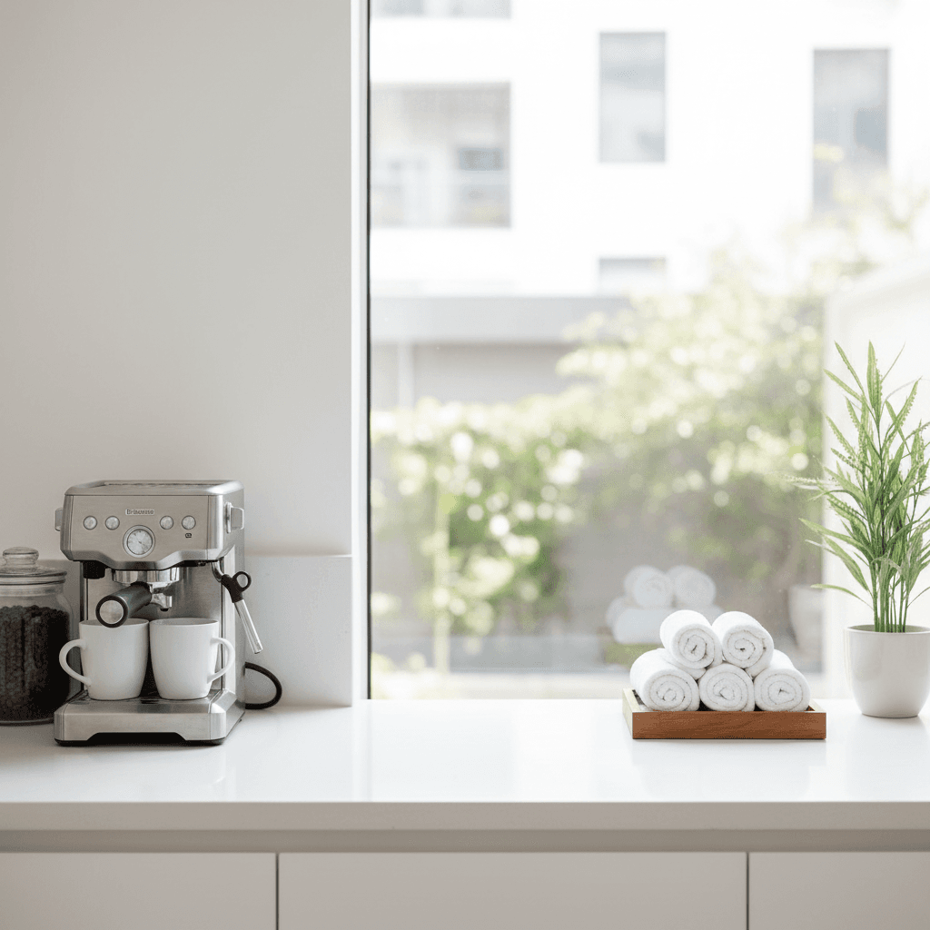Clean kitchen counter with neatly arranged supplies