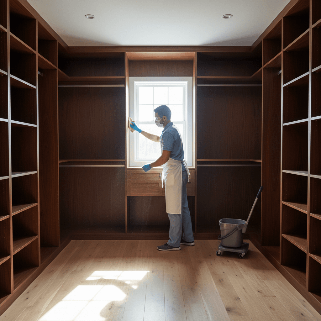 Cleaner dusting wooden shelves in an empty closet