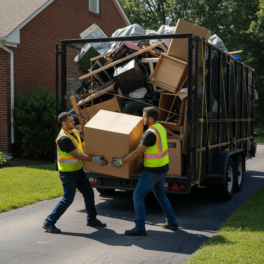 Two workers loading a large box into a hauling trailer already full of items
