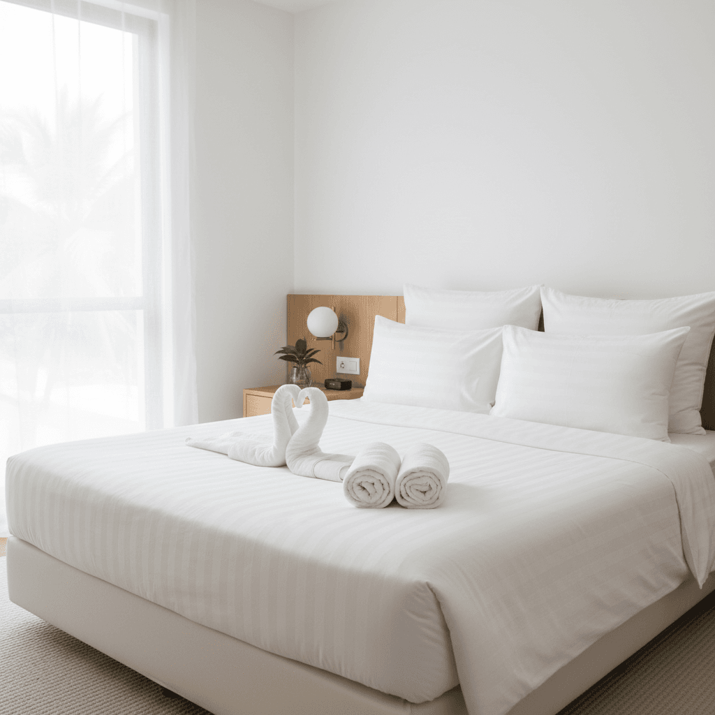 Freshly made bed with white linens and folded towels