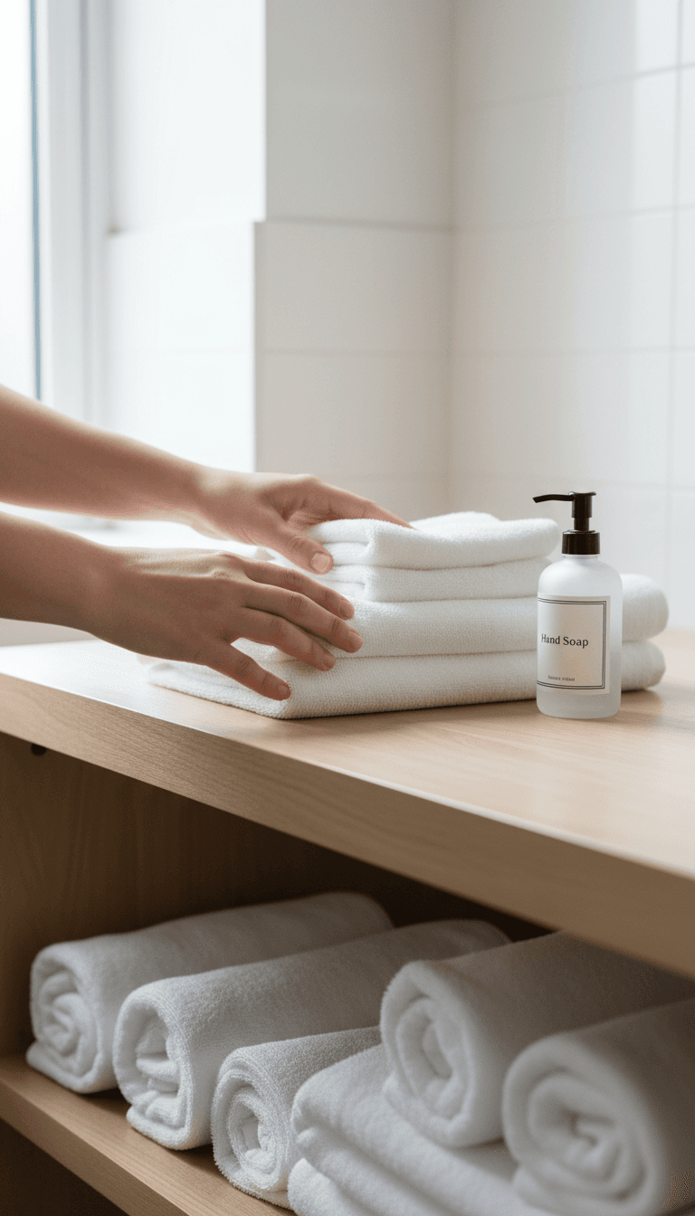 Cleaner restocking towels and soap in a vacation rental bathroom