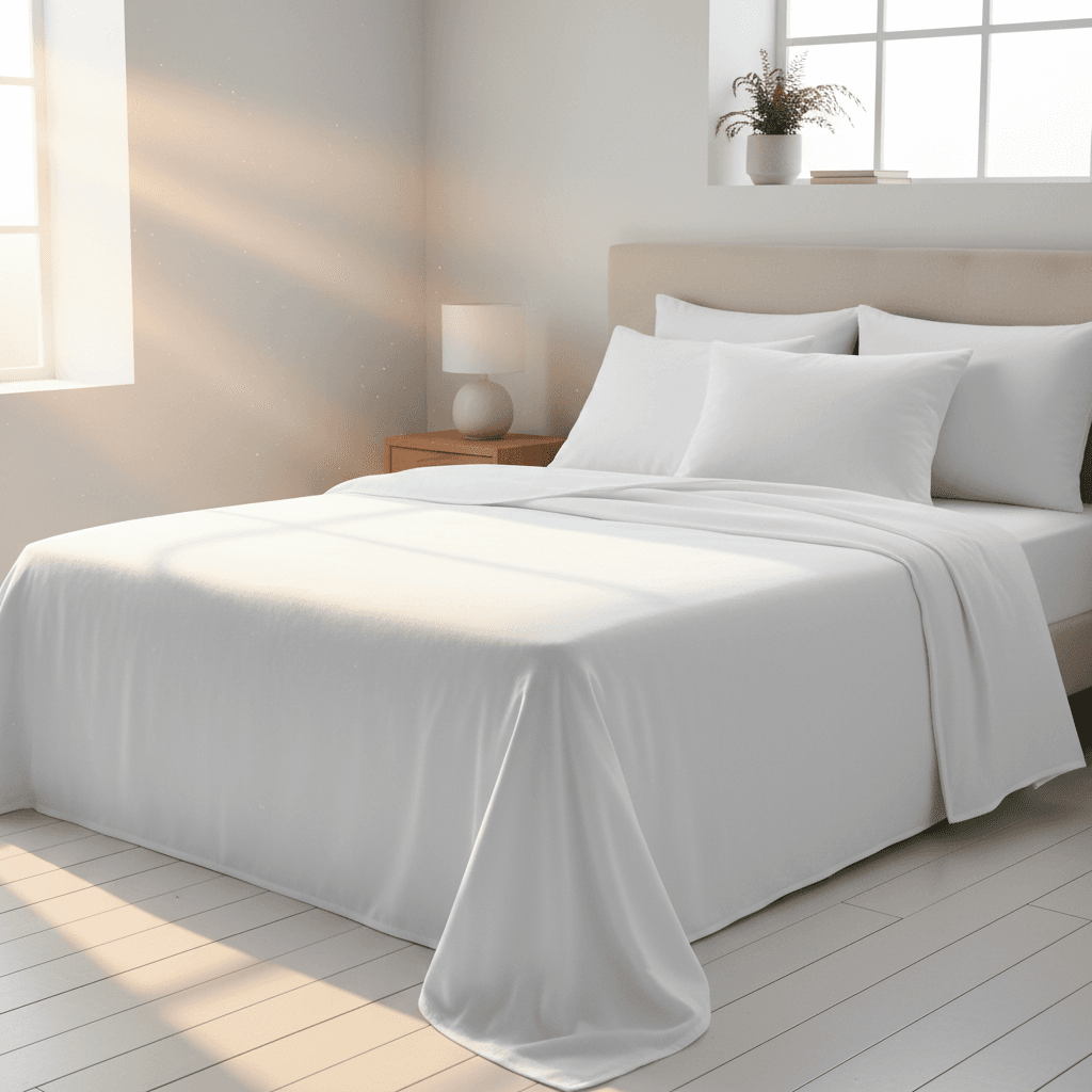 Neatly made bed with crisp white linens in bright bedroom
