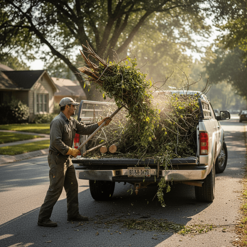 Worker loading branches into a truck bed