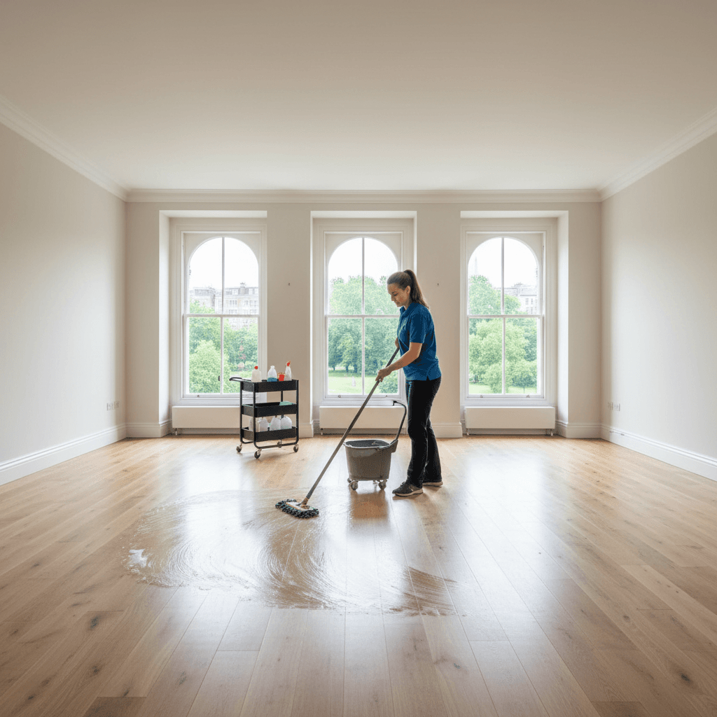 Cleaner mopping a hardwood floor in a bright living room