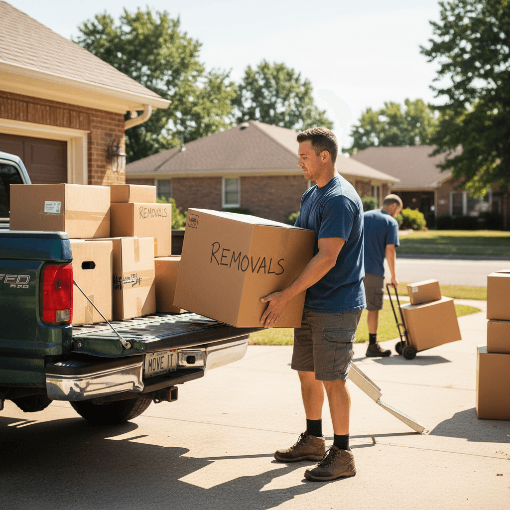 Worker loading cardboard boxes into pickup truck bed for removal