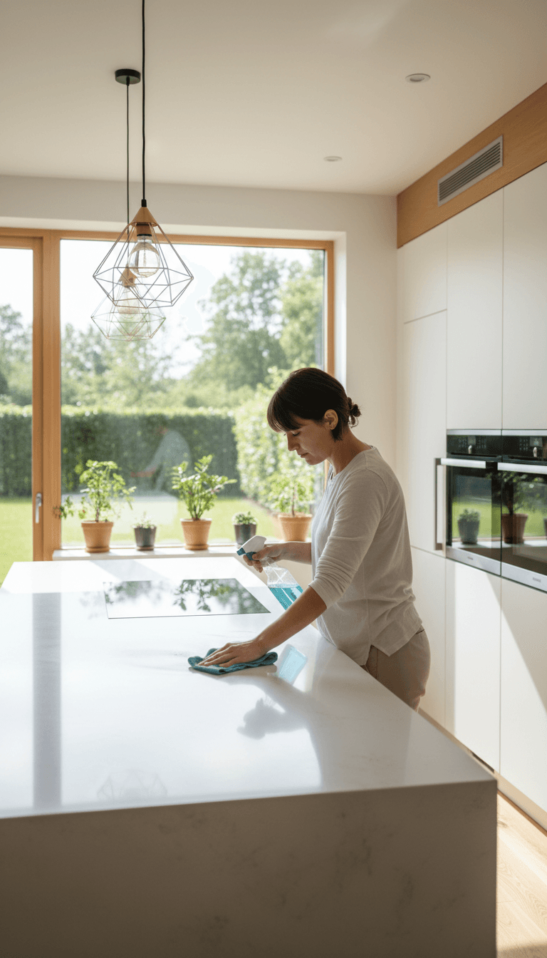 Professional cleaner wiping kitchen counters in a bright modern home