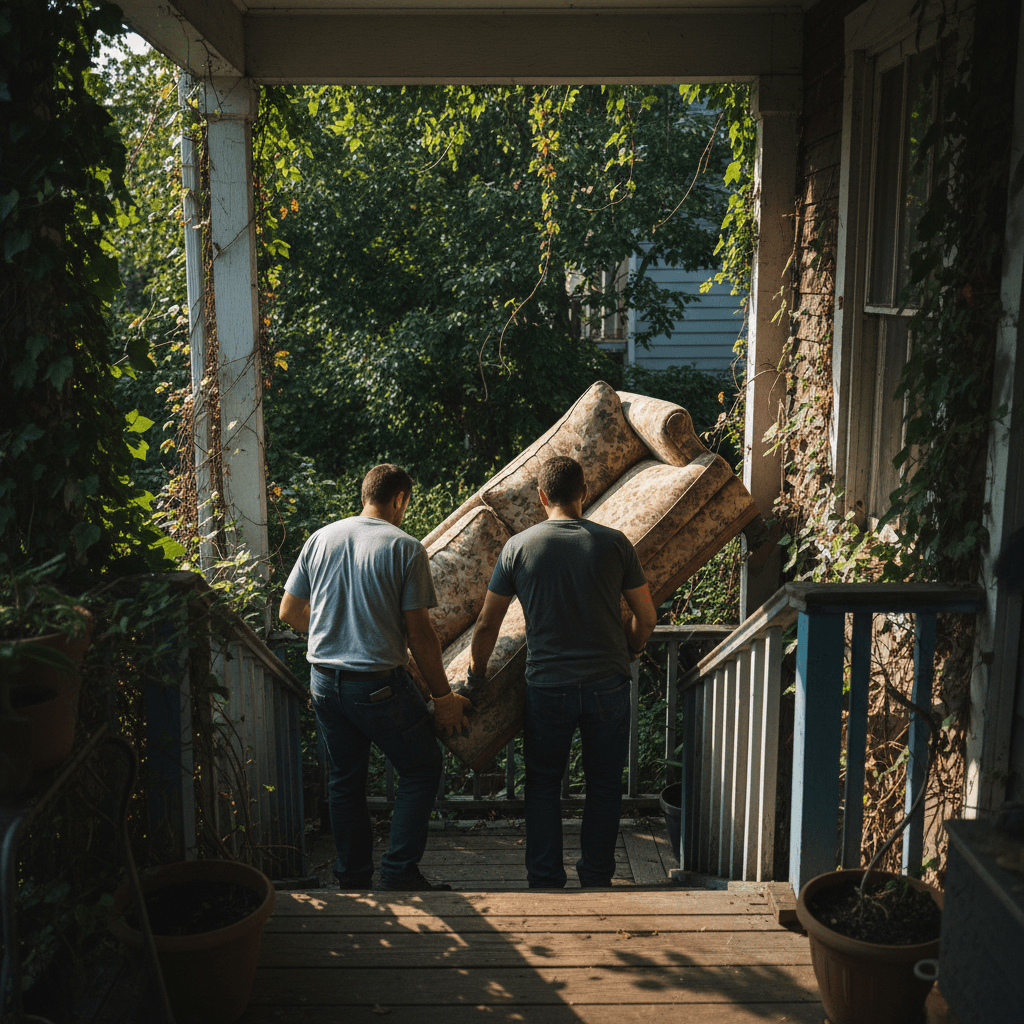 Two movers carrying an old sofa down a porch staircase