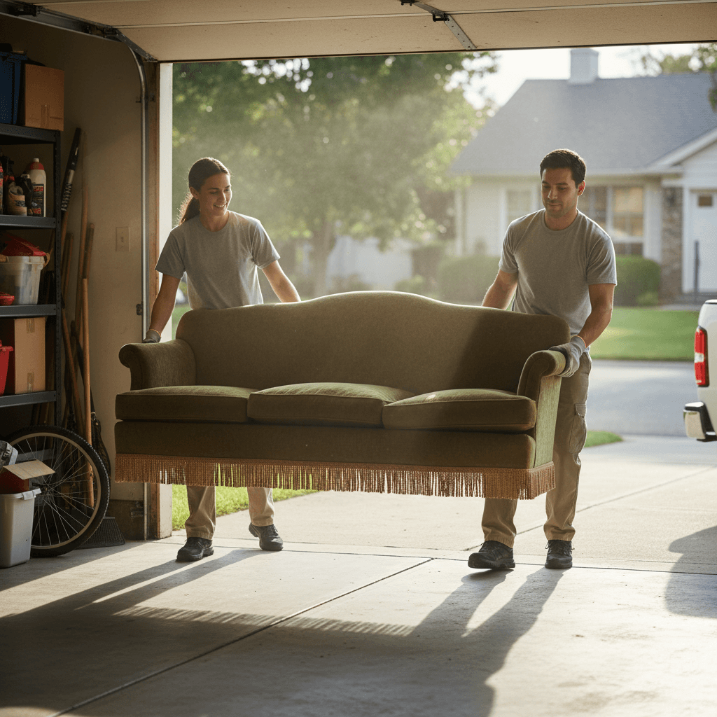 Movers carrying an old couch out of a garage