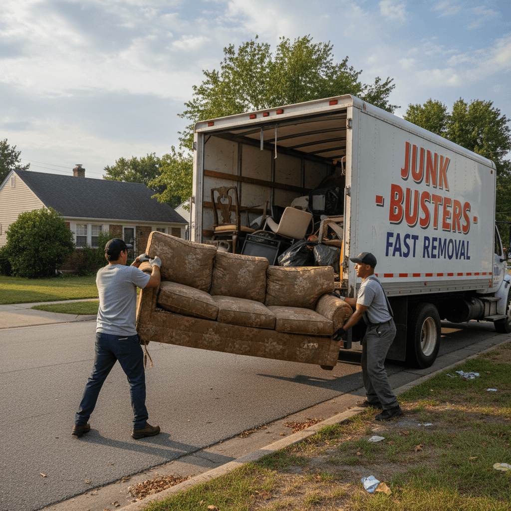 Workers carrying an old couch out of a house for junk removal