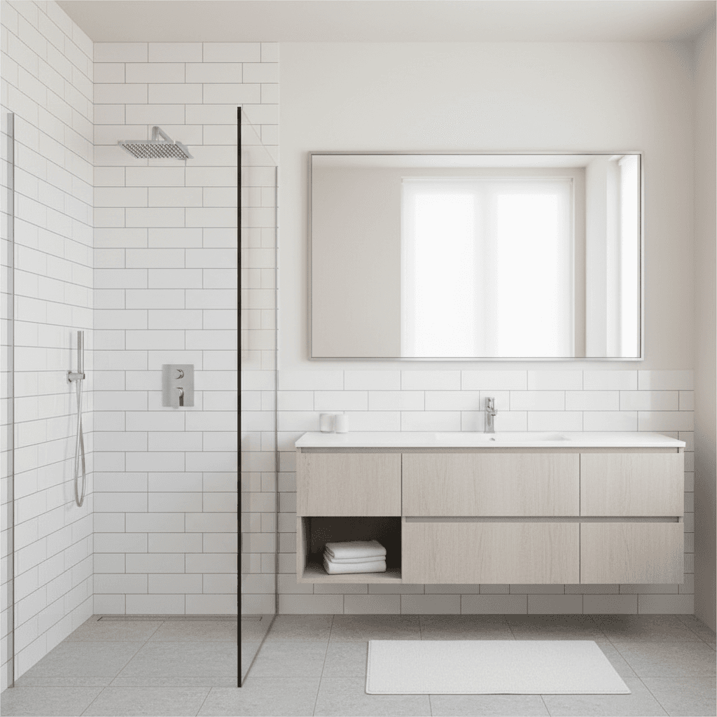 Bright bathroom with white tile shower and polished mirror