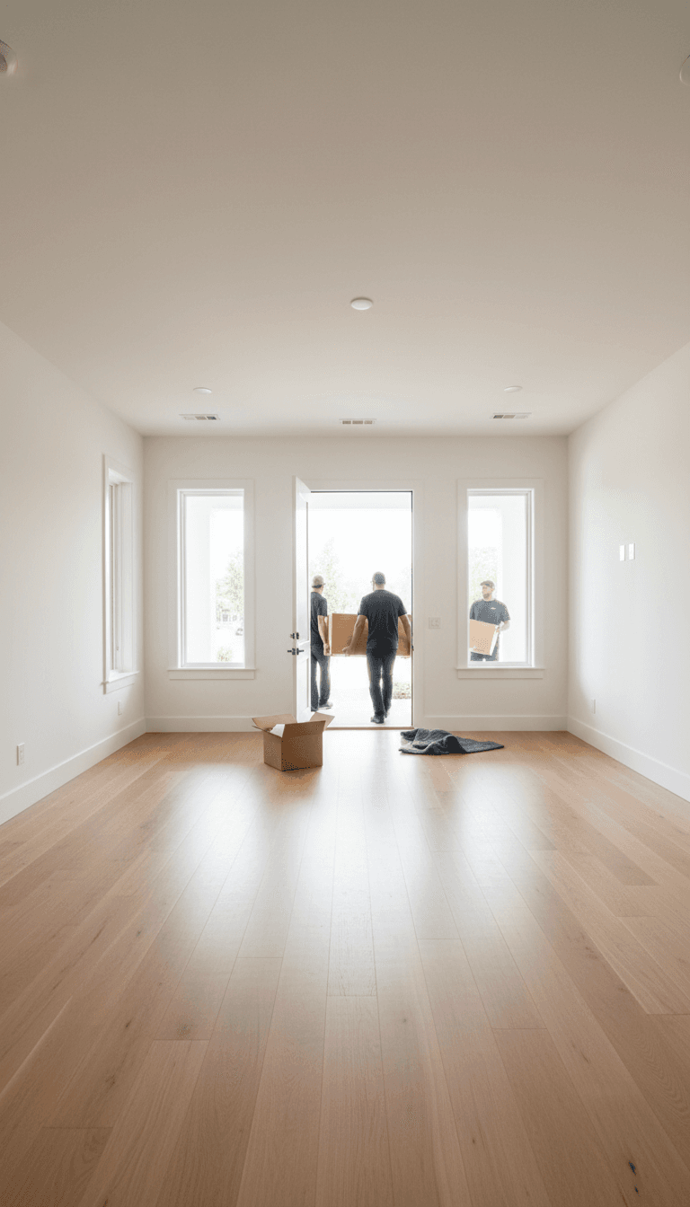 Workers carrying the last furniture out of a cleared room, showing the clean result