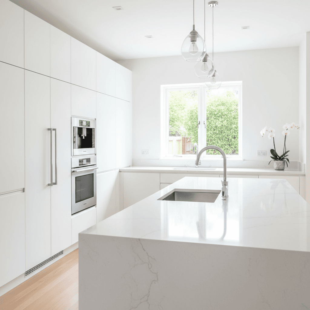 Spotless bright modern kitchen with white cabinets in a rental home